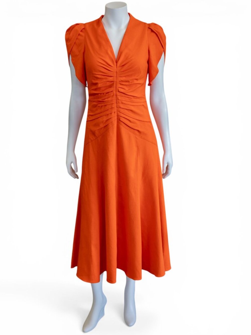ME+EM Orange Zing Ruched Midi Dress NWT | Flutter Sleeve | UK 10 / US 6 | $575